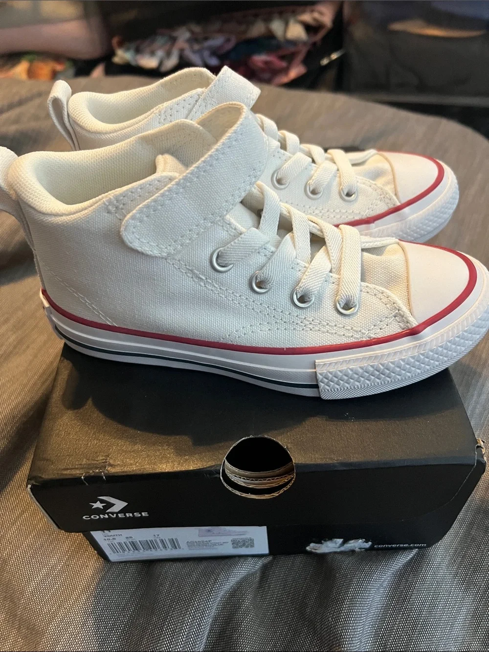 Converse Kids White Canvas High Top Sneakers with Red & Navy Trim